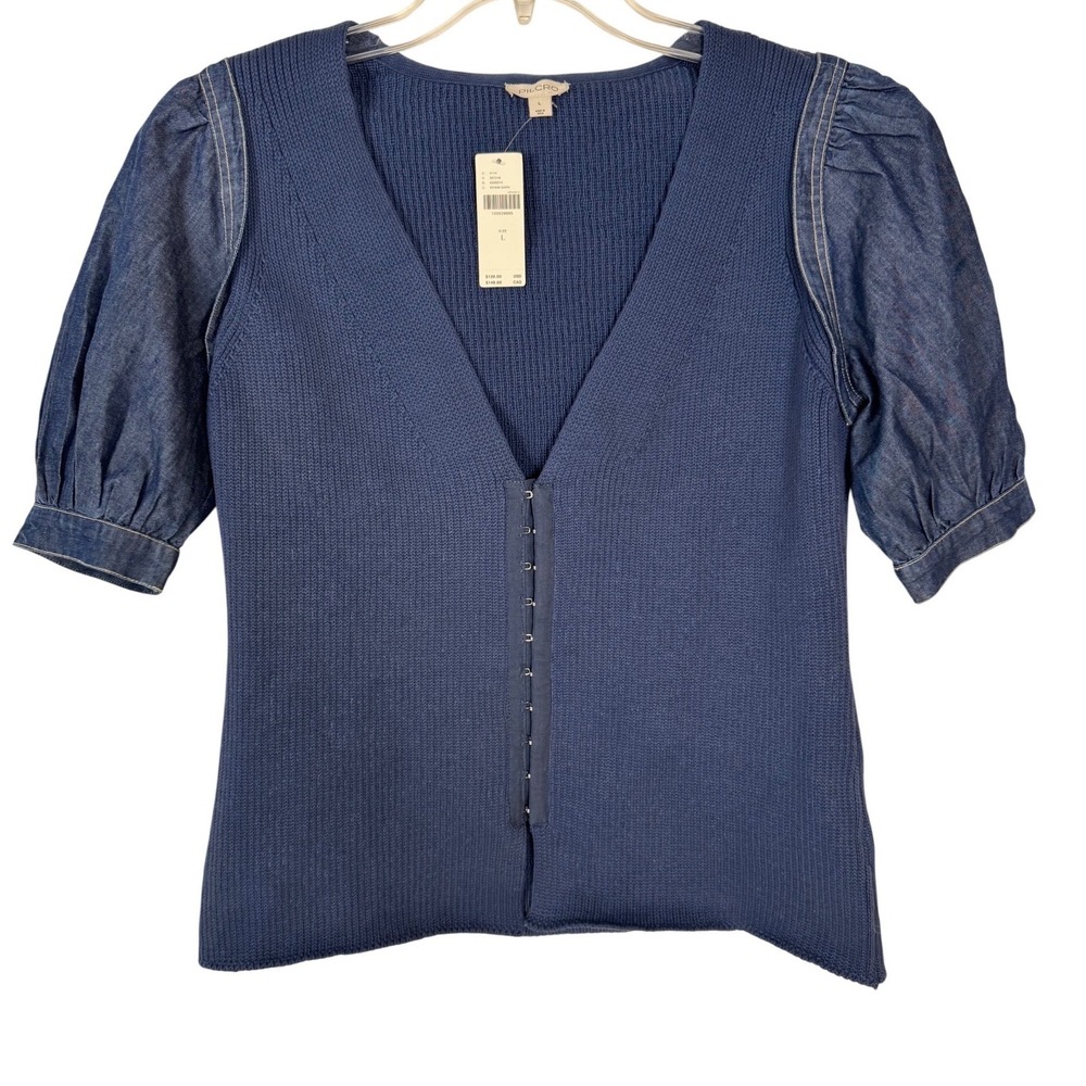 Pilcro Mixed Media Denim Cardigan Sweater Lg Blue Hook & Eye Puff Sleeve Anthro